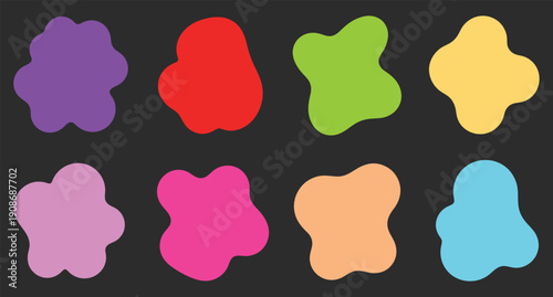 A colorful graphic design featuring nine irregularly shaped flowers in various bright colors on a dark background