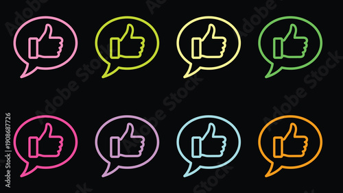 A colorful collection of thumbs up icons in speech bubbles on a black background