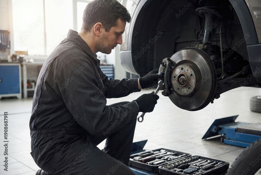 Obraz premium A male auto mechanic in uniform kneels and uses a wrench to work on the brake system of a car on a lift in a repair shop.