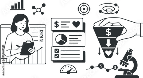 Modern minimal flat vector conceptual collage, crisp hard edges, consistent THIN outline stroke, rounded corners where needed,