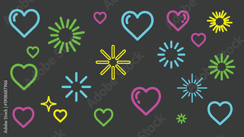 A colorful illustration of neon hearts and stars on a dark background