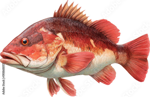 a detailed illustration of a vibrant red grouper fish with striking color patterns
