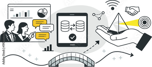 Minimal Data Communication Scene. Modern minimal flat vector conceptual collage, crisp hard edges, consistent THIN outline stroke,