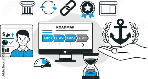 Modern minimal flat vector conceptual collage, crisp hard edges, consistent THIN outline stroke, rounded corners where needed,