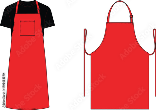 Two red aprons with front pocket and waist ties, displayed flat and worn over black t-shirt, kitchen cooking garment design illustration