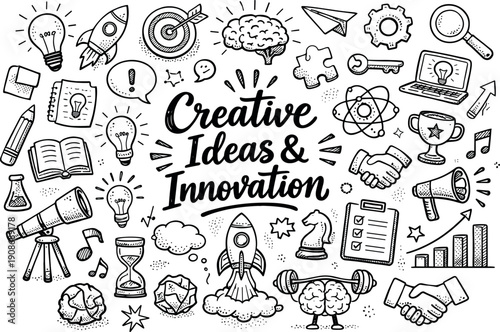 Creative Ideas and Innovation Doodle Collection with Brainstorming Symbols and Business Concepts