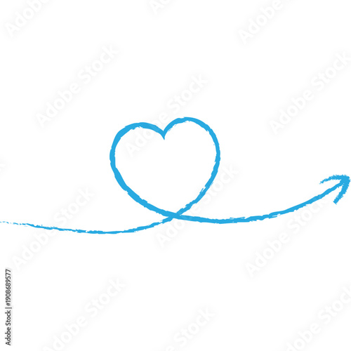Hand drawn arrow with heart shape. Doodle blue arrow in crayon style. Vector isolated illustration.