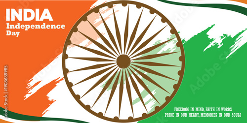 India Independence Day banner featuring Ashoka Chakra wheel with tricolor flag background. Represents patriotism, national pride, freedom, and cultural celebration.