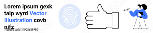Approval, identification, teamwork, branding, professional success, user authentication. A thumb up, fingerprint and a character holding a file. Approval and identification concepts