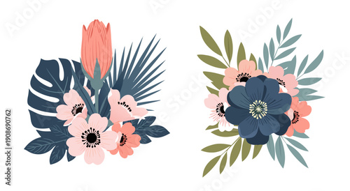Tropical floral arrangement vector illustration featuring lush palm leaves and exotic blooms in a modern color palette