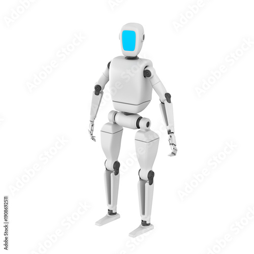 Humanoid robot standing upright with a modern, sleek design and a big screen on its face. The robot features smooth metallic surfaces and articulated joints, 3d render