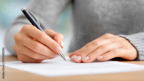 Close up of female hand holding pen, signing, writing, or completing official paperwork