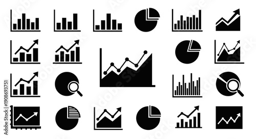 Business analytics vector icons collection bar charts, line graphs, pie charts, magnifying glass for data analysis