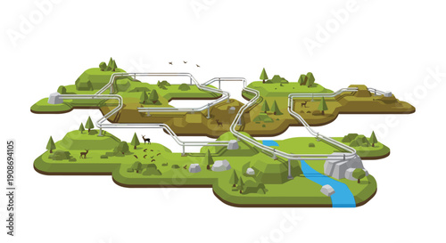 An intricate network of industrial pipelines winds across green hilly terrain with trees, rivers, and deer in an isometric view.