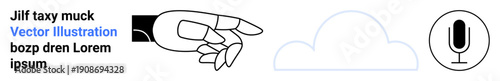 Technology concepts, cloud storage, voice recognition, digital commands, interface design, communication. Hand pointing towards a cloud and microphone icons. Technology and cloud storage symbols