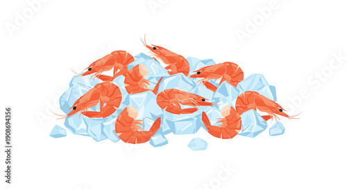 Several cooked red prawns are displayed on a scattered pile of glistening blue ice cubes, ready for a fresh seafood presentation.