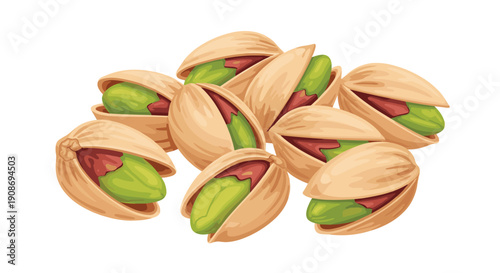 A generous heap of perfectly opened pistachio nuts are presented together, showcasing their distinct green and purple kernels.