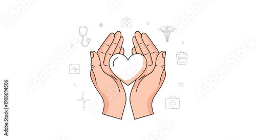 Two human hands gently cup a clean white heart symbol, surrounded by faint medical outline icons on white.