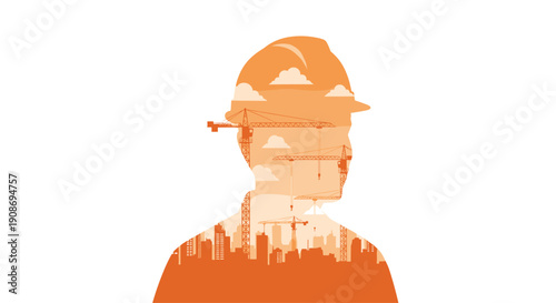 An orange monochromatic silhouette of a construction worker's profile contains a stylized cityscape with multiple cranes, symbolizing industry.