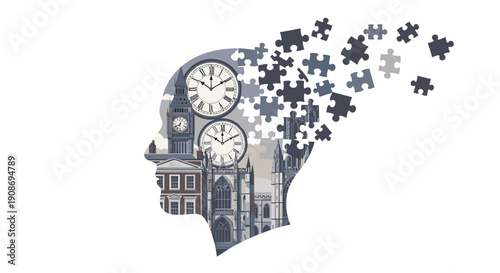 Silhouette of a human head filled with clocks, city buildings, and dissolving jigsaw puzzle pieces on a white background.