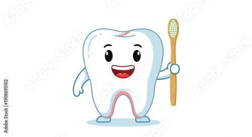 Cute cartoon tooth character with a happy smile holding a natural wooden toothbrush on a white background.