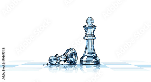 Crystal glass king chess piece standing next to a defeated and fallen pawn on a reflective chessboard surface.