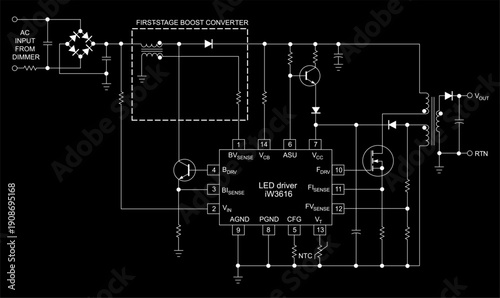 Vector drawing electrical circuit with capacitor, 
integrated circuit (led driver), 
transformer, transistor, diode, power supply 
and resistor. Schematic diagram of electronic device.