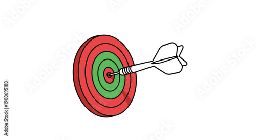 A white dart with fletching hitting the bullseye of a red and green circular target board.