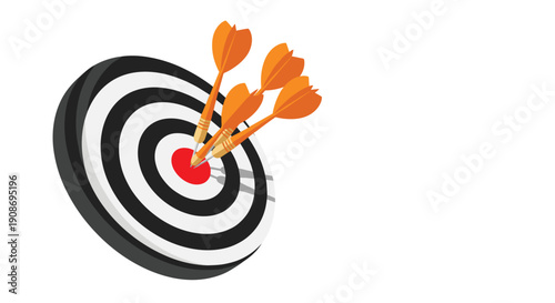 Three orange darts striking the red bullseye of a classic black and white circular target board.