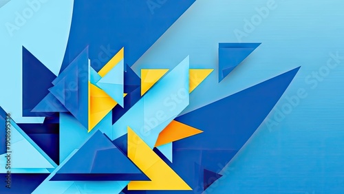 A vibrant abstract geometric composition with blue and yellow shapes