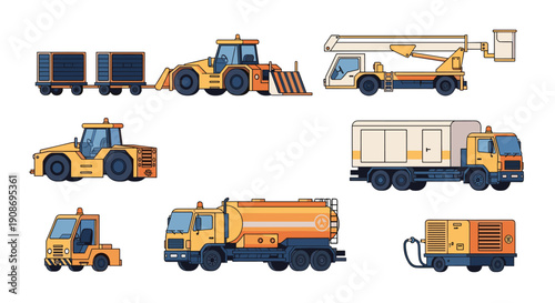 A collection of various yellow and blue airport ground support vehicles and equipment displayed on a white background.