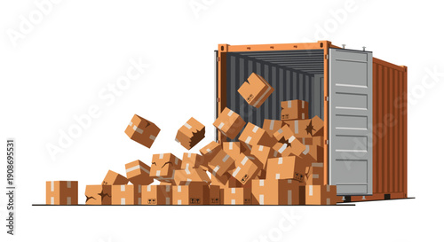 An orange shipping container lies open on its side, spilling a large quantity of brown cardboard boxes onto the ground.