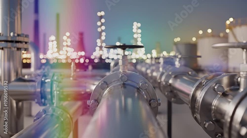 Wallpaper Mural Stainless steel industrial pipelines with flanges and valves at a petrochemical refinery facility. Bokeh lights of plant infrastructure in background. Oil, gas and energy production concept. Torontodigital.ca
