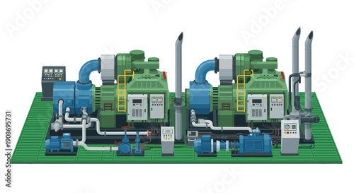 Two large, green industrial generator units with many pipes, valves, and control panels sit on a green platform.