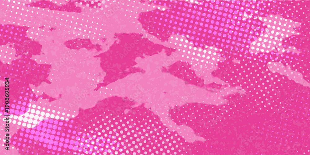Obraz premium Vibrant pink halftone paint stroke background. Abstract grunge dotted texture with pop art aesthetic. Vector illustration for mixed media design 