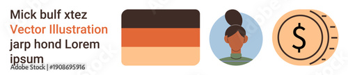 Financial growth, diversity, personal identity, design, economy, and culture. Graphic showing a striped design, womans profile and currency icon. Diversity and financial growth concept