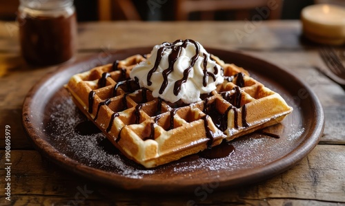 Rustic wooden table with a plate of golden waffles drizzled with chocolate sauce and topped with whipped cream, styled for a decadent breakfast visual.