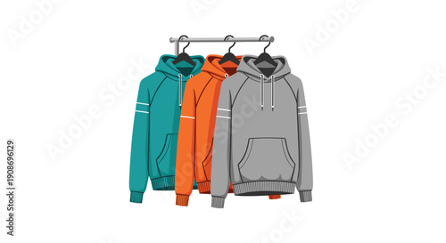Three vibrantly colored hooded sweatshirts are hung on a simple clothing rack, showcasing various styles and hues.