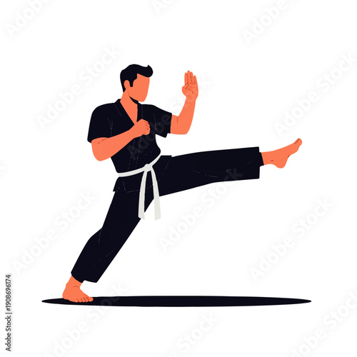 A flat illustration of a male martial artist in a black uniform and white belt performing a powerful high kick, demonstrating strength and discipline.