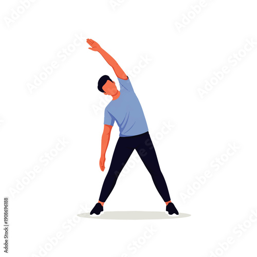 An illustration of a man performing a side bend stretch, focusing on flexibility, core strength, and overall fitness. Ideal for health and wellness concepts.