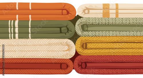 Two stacks of rolled blankets and throws with various patterns and textures arranged neatly against a white background.