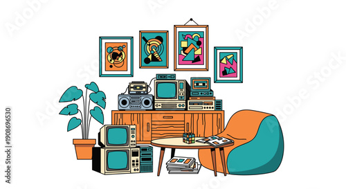 A retro-inspired room filled with stacks of vintage televisions, electronics, abstract art, a plant, and a comfortable beanbag chair.