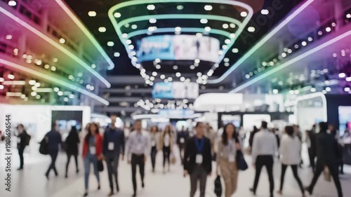 Busy technology expo or trade show hall with crowds of attendees wearing badges. Neon lit ceiling, large display screens and exhibition booths in background. Business conference and innovation event.