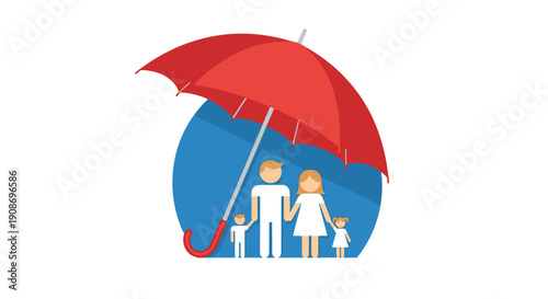 A large red umbrella providing protective coverage over a small family of four against a solid blue circular background.