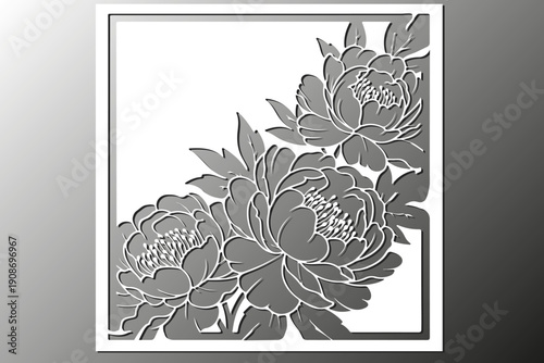 Floral laser cut square frame design with peony and leaf motif. Decorative panel element for wedding card, stencil, paper cutting art, vector illustration