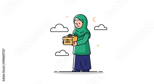Cartoon Woman in Hijab Carrying Cardboard Box at Night