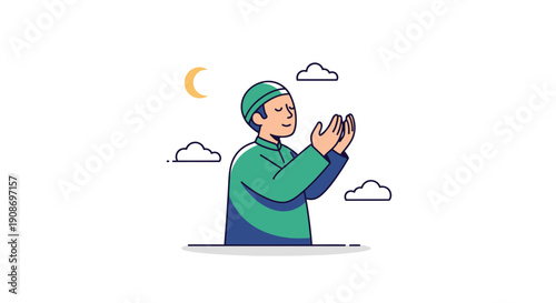 Young boy praying outdoors under night sky with clouds