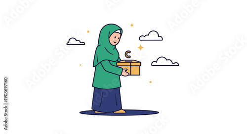 Young woman in hijab holding gift box with clouds background
