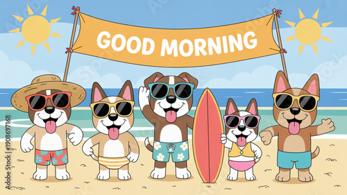 Cartoon dogs wearing sunglasses beach.