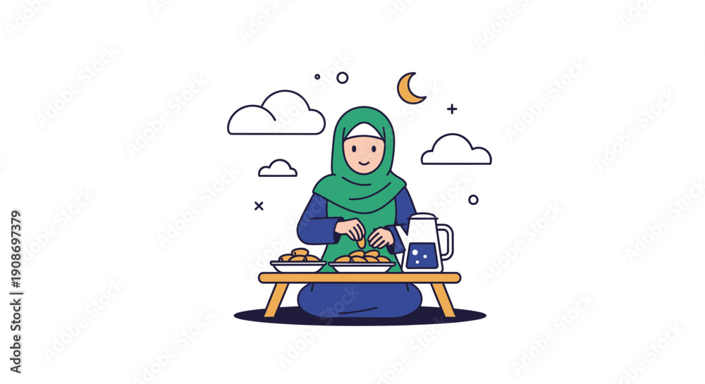 Fototapeta premium Peaceful Woman Meditating at Night with Moon and Clouds Illustration